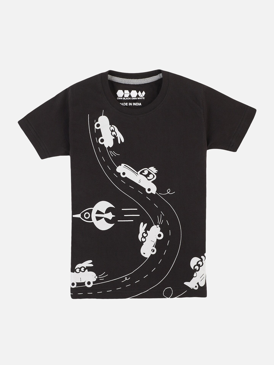 

OBOW Boys Black Printed Round Neck Pure Cotton T-shirt