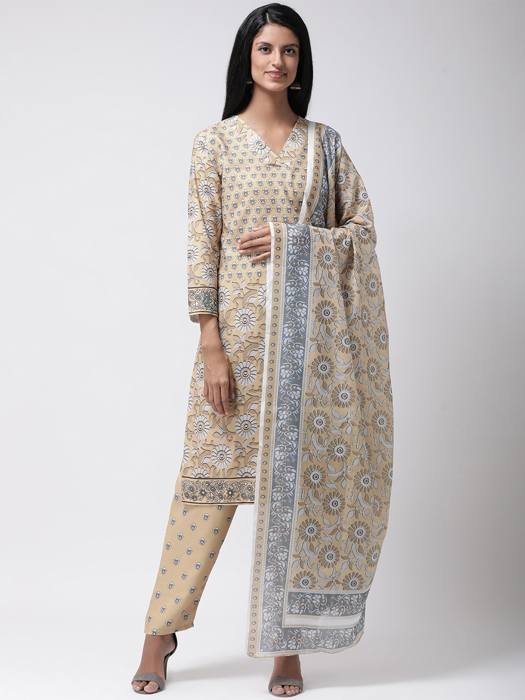 

Hangup Women Beige & Grey Printed Kurta with Trousers & Dupatta
