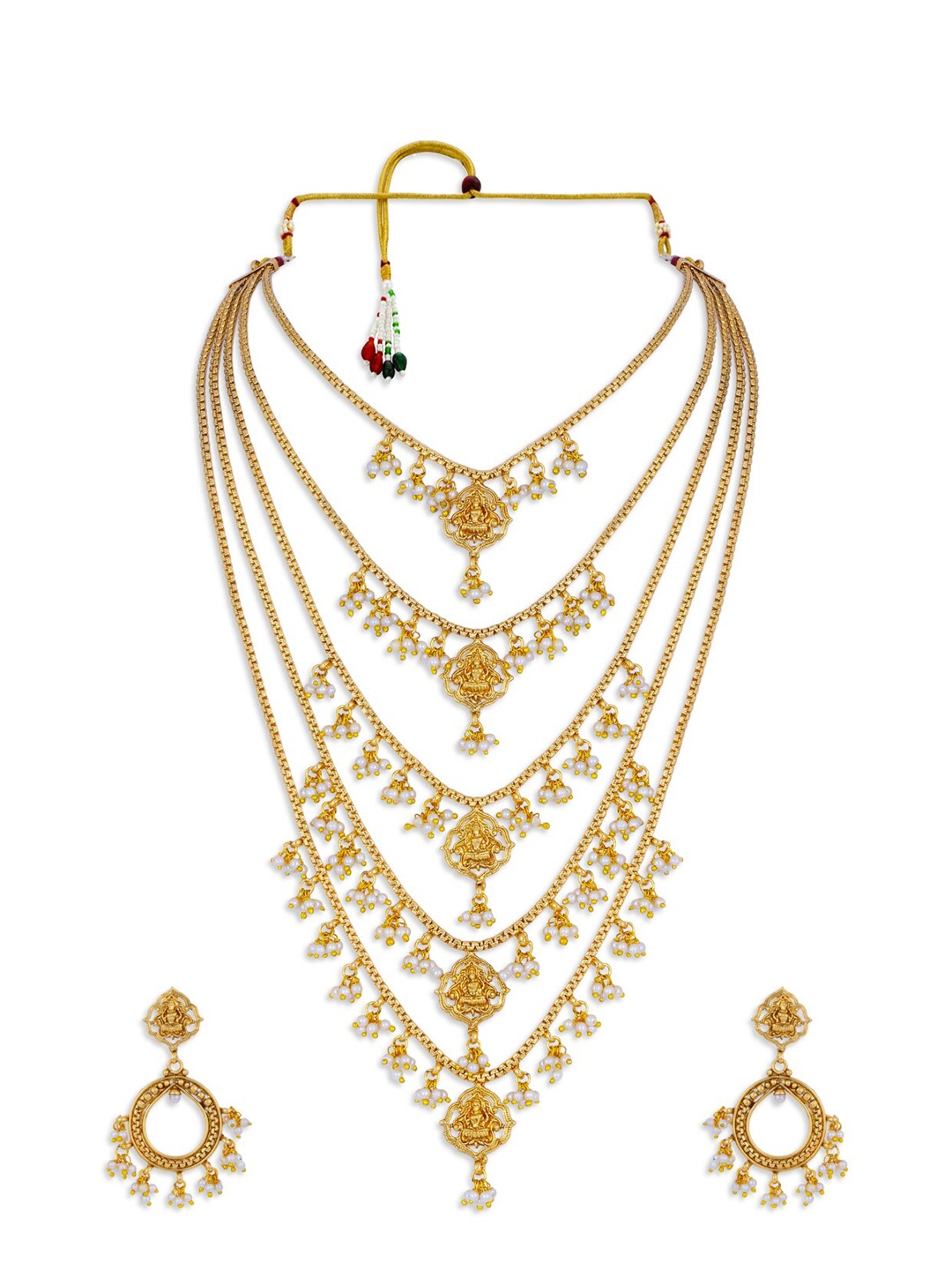 Sukkhi Gold-Plated & White Pearl-Beaded Laxmi Multi-String Jewellery Set