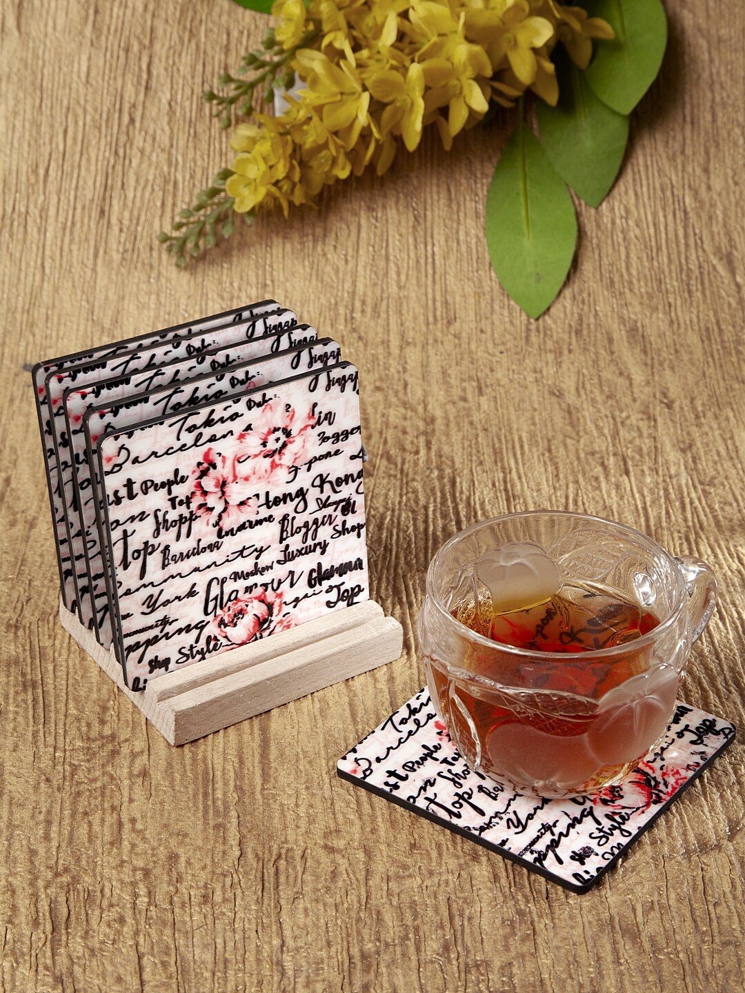 

Alina decor Set Of 6 Off-White & Pink Digital Printed Coasters With Stand