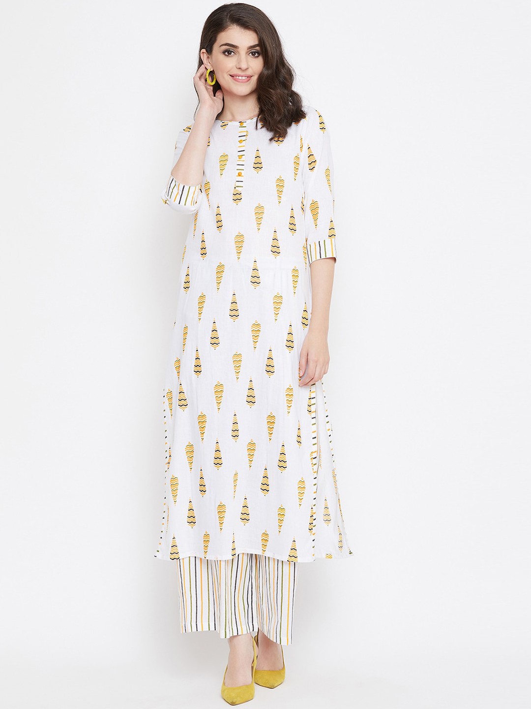 

Tulsattva Women Yellow & White Printed Kurta with Palazzos