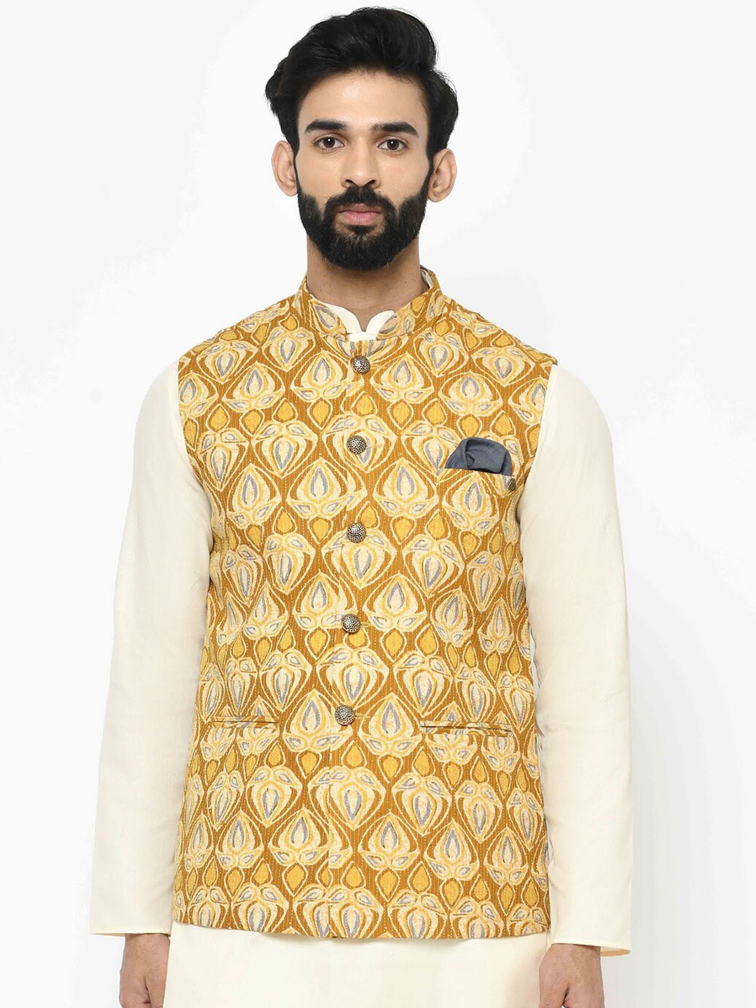 

KISAH Men Mustard Yellow & Grey Printed Nehru Jacket