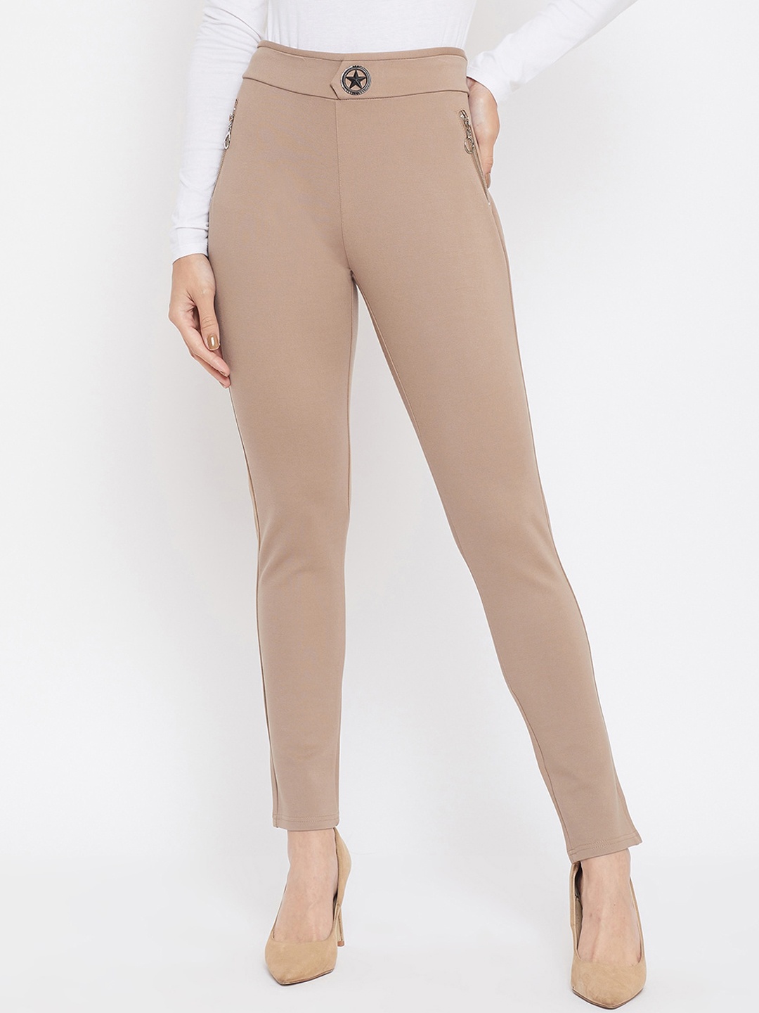 

Crimsoune Club Women Beige Skinny Fit Solid Cigarette Trousers
