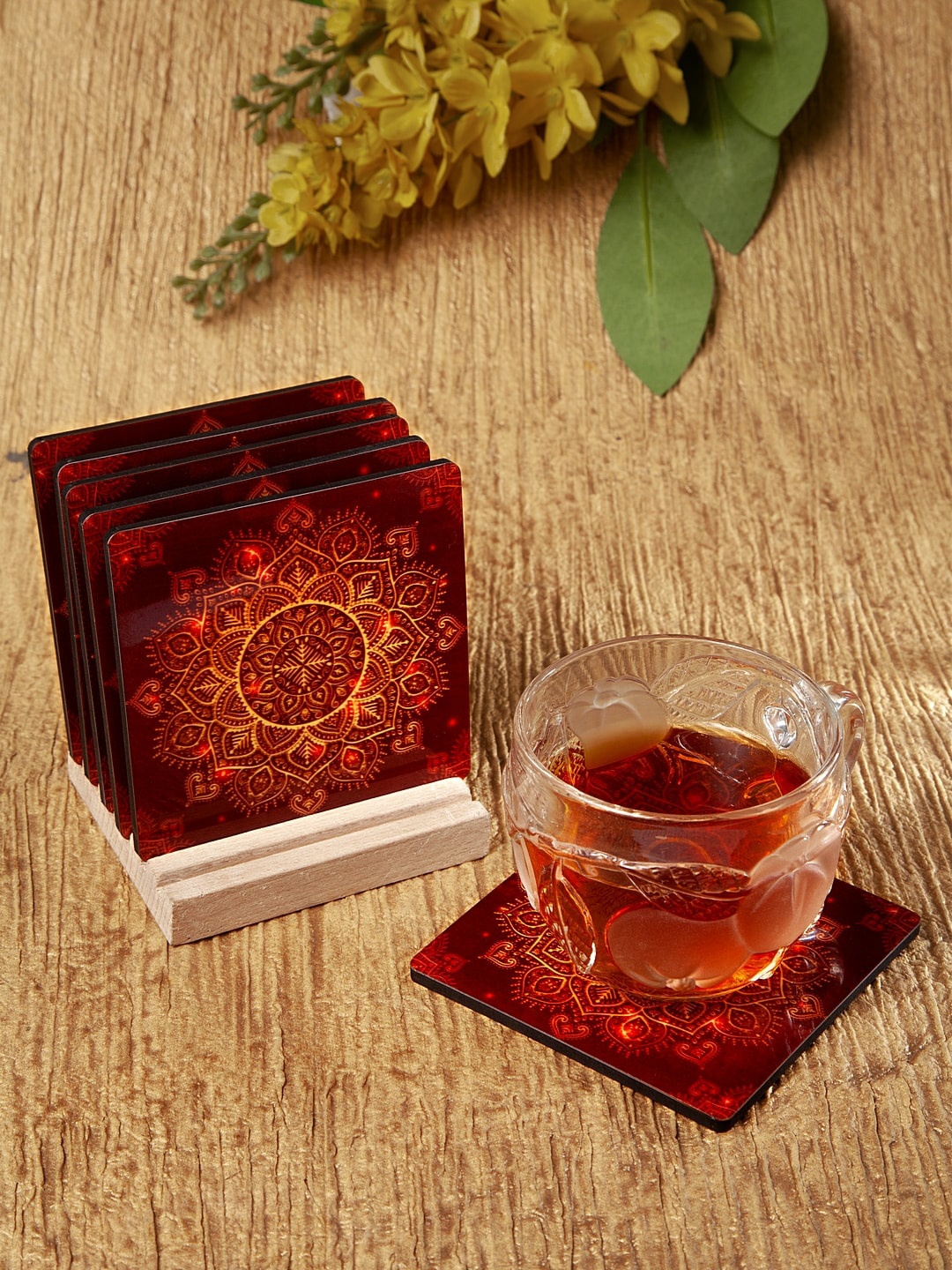 

Alina decor Set Of 6 Brown Digital Printed Square Wooden Coasters With Stand