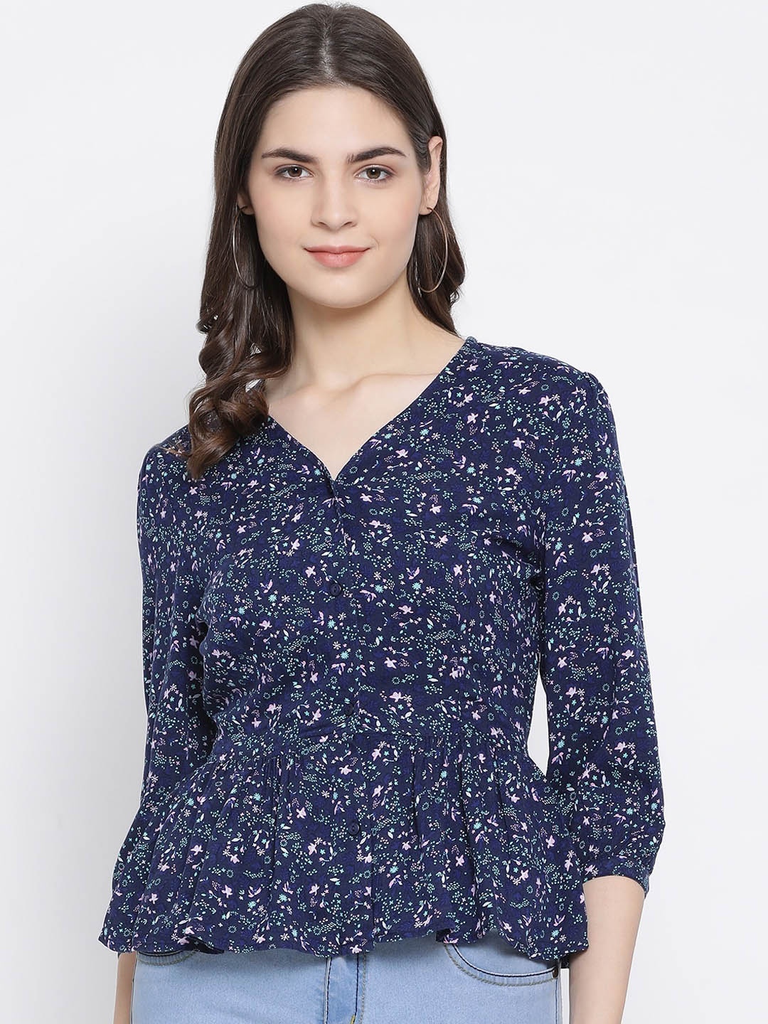 

Oxolloxo Women Navy Blue Printed Peplum Top