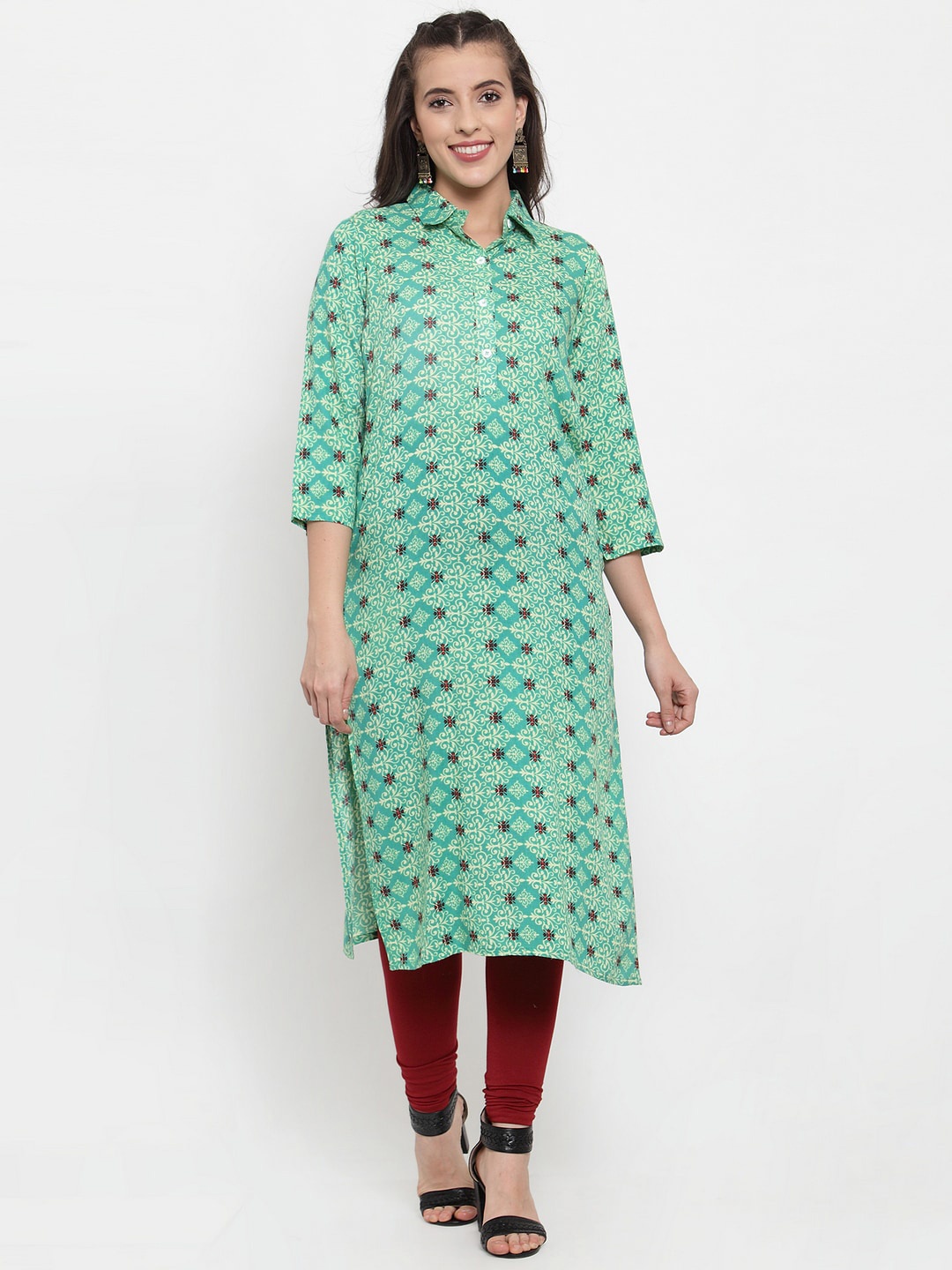 

Jompers Women Turquoise Blue & Sea Green Printed Straight Kurta