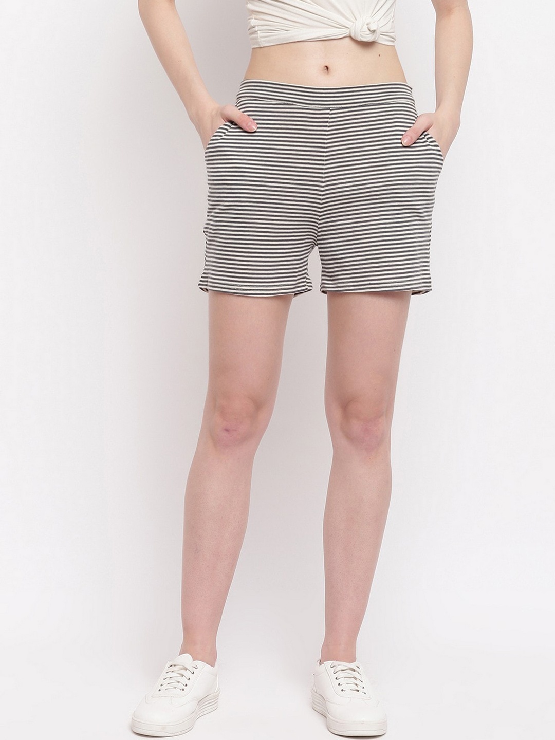 

RIVI Women Grey & White Striped Regular Fit Regular Shorts