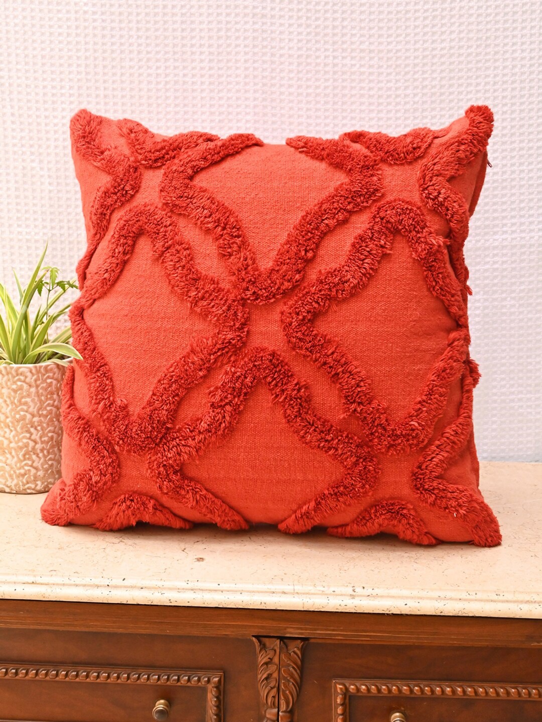 AVI Living Orange Single Self Design Square Cushion Cover