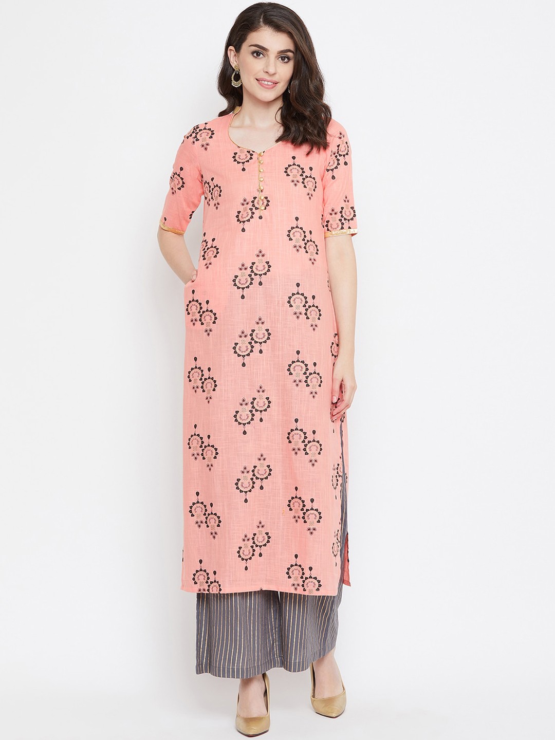 

Tulsattva Women Peach-Coloured & Grey Printed Kurti with Palazzos