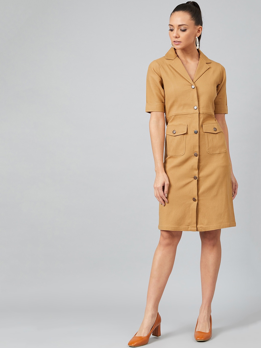 Athena Women Khaki Solid Shirt Dress