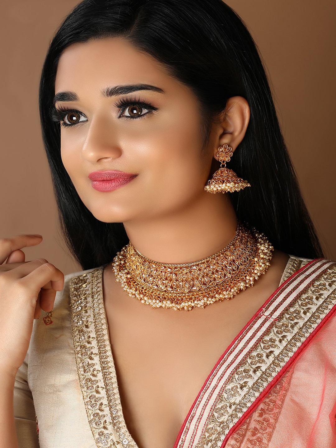 

Rubans Gold-Plated Off-White & Brown Artificial Stone-Studded Handcrafted Jewellery Set