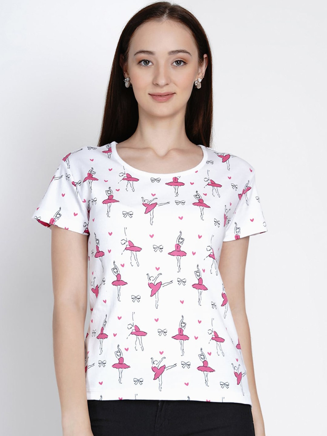 

berrytree Women White Printed Round Neck Sustainable Organic Cotton T-shirt