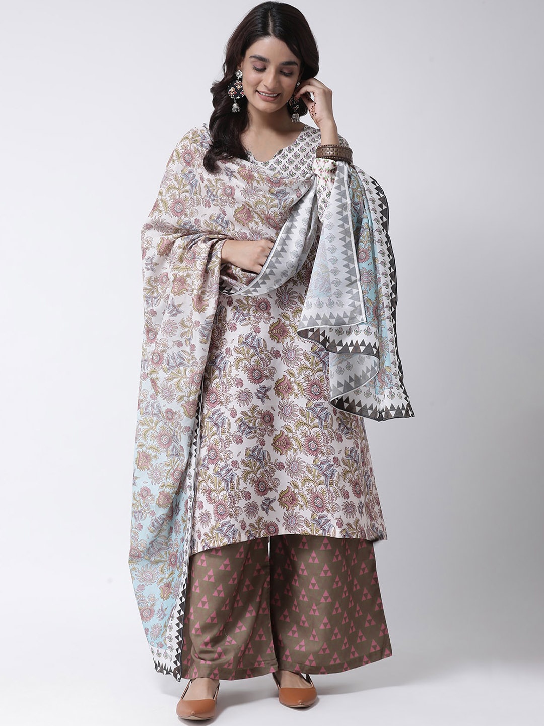 

Hangup Women Cream-Coloured & Brown Printed Kurta with Palazzos & Dupatta