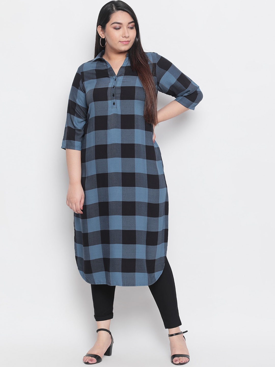 

Amydus Women Plus Size Teal Checked Straight Kurta
