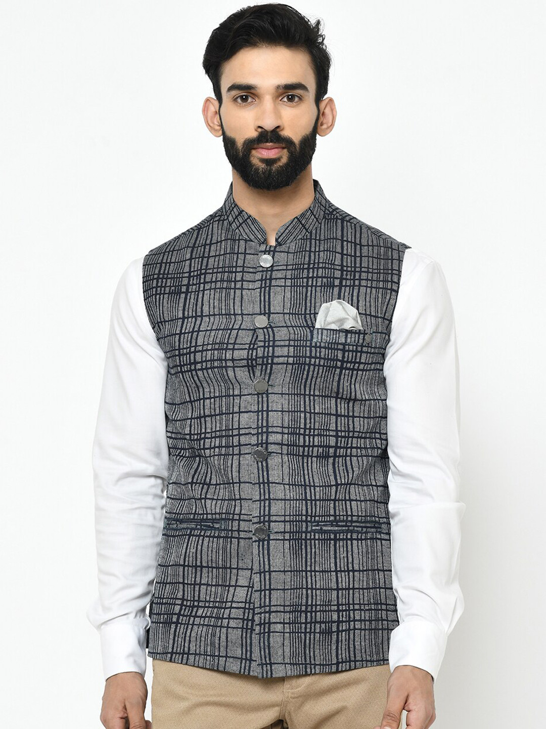 

KISAH Men Grey Melange & Black Printed Nehru Jacket