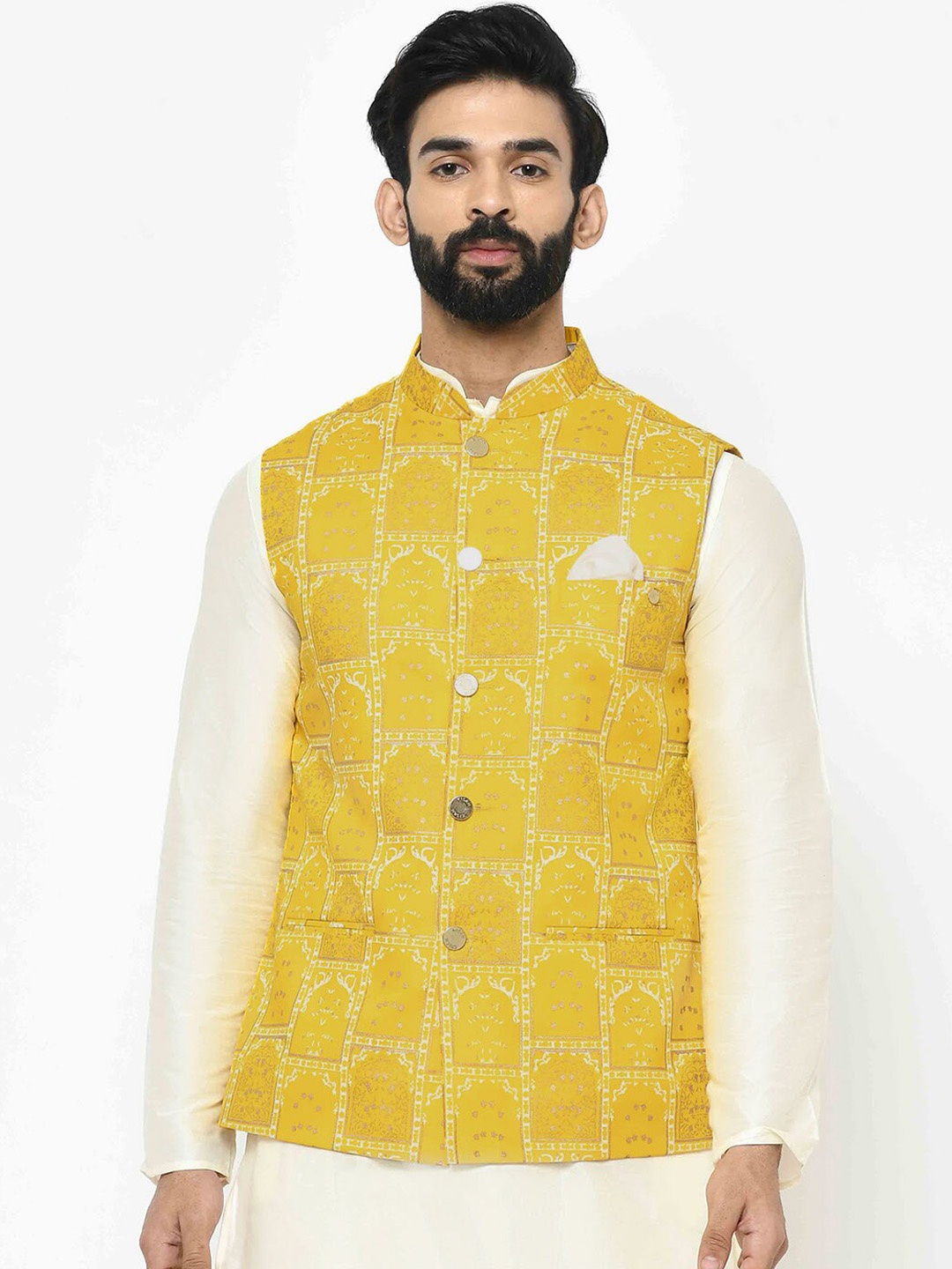 

KISAH Men Yellow Printed Nehru Jacket
