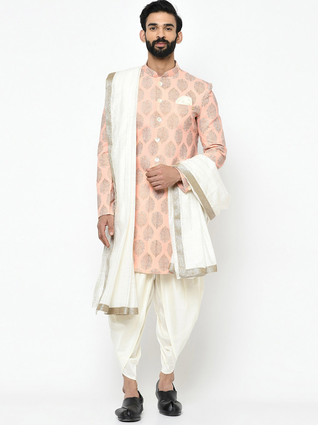 

KISAH Men Pink & White Sherwani Dupatta Set