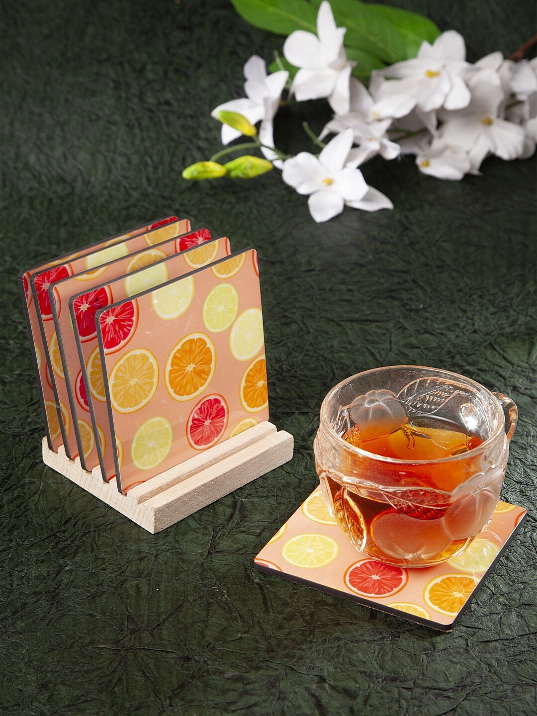 

Alina Decor Set of 6 Peach & Orange Printed Coasters With Wooden Stand