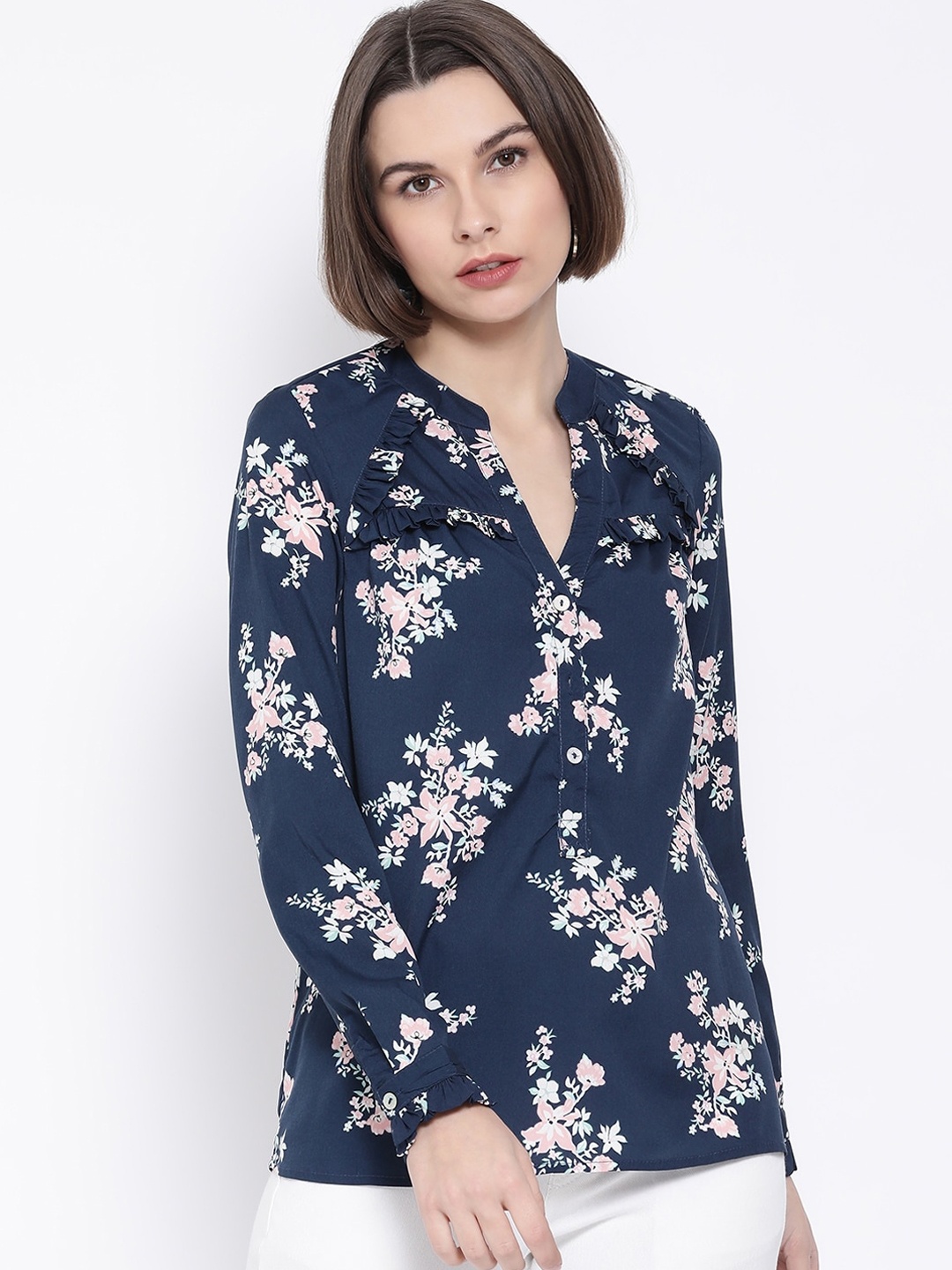 

Oxolloxo Women Blue & Pink Floral Printed Shirt Style Top