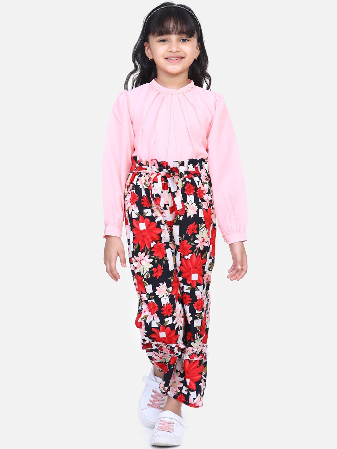 

Cutiekins Girls Peach-Coloured & Red Self Design Top with Palazzos