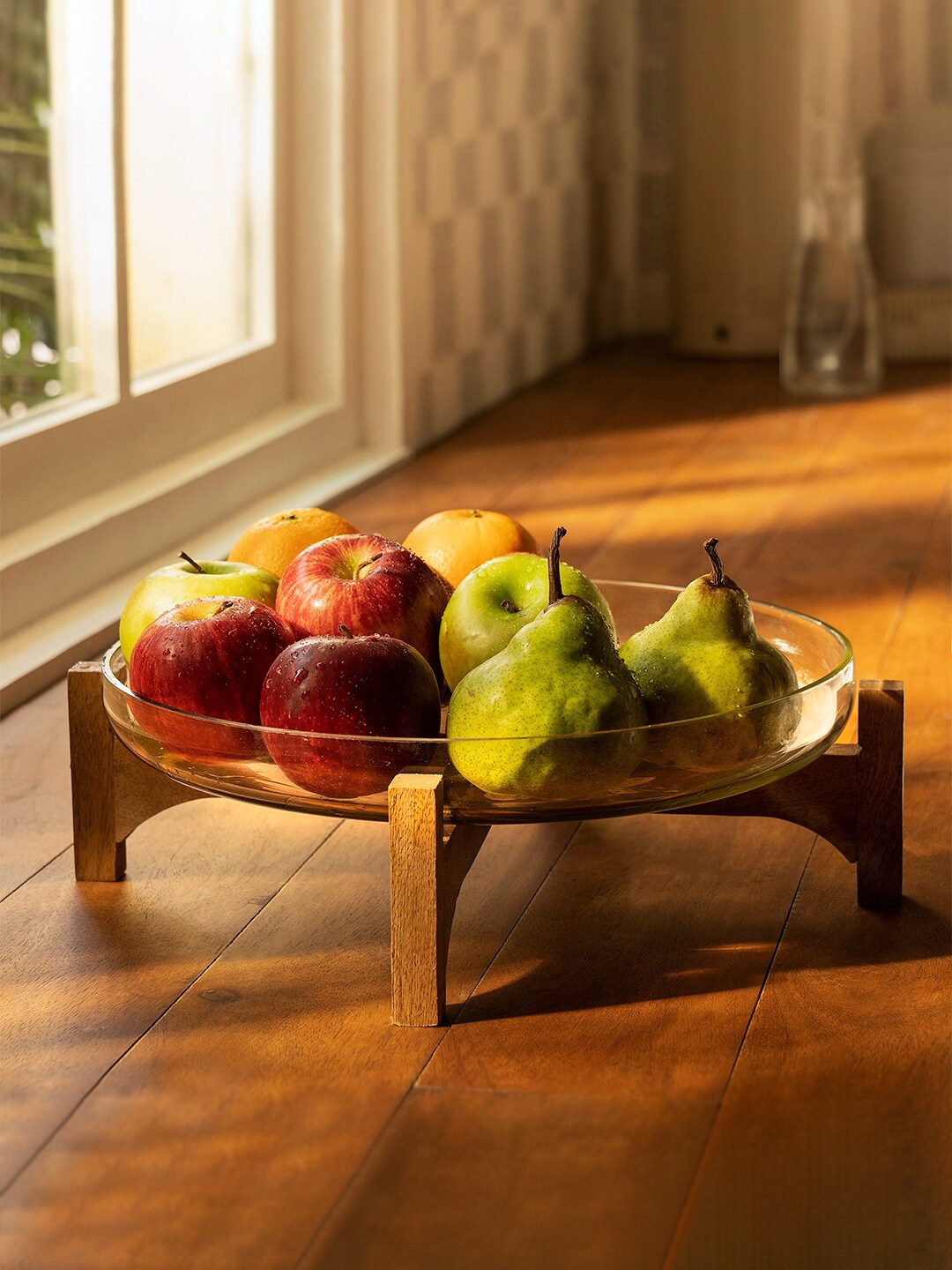 ellementry Brown & Transparent Glass Bowl With Wooden Stand