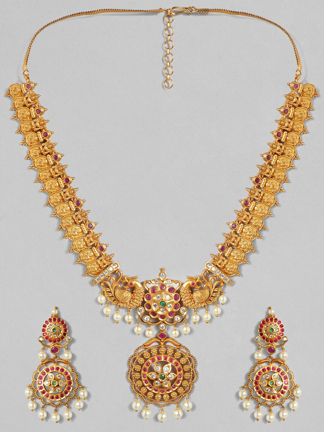 

Rubans 22K Gold-Plated Off-White & Red Pearl Beaded Divine Laxmi Handcrafted Jewellery Set