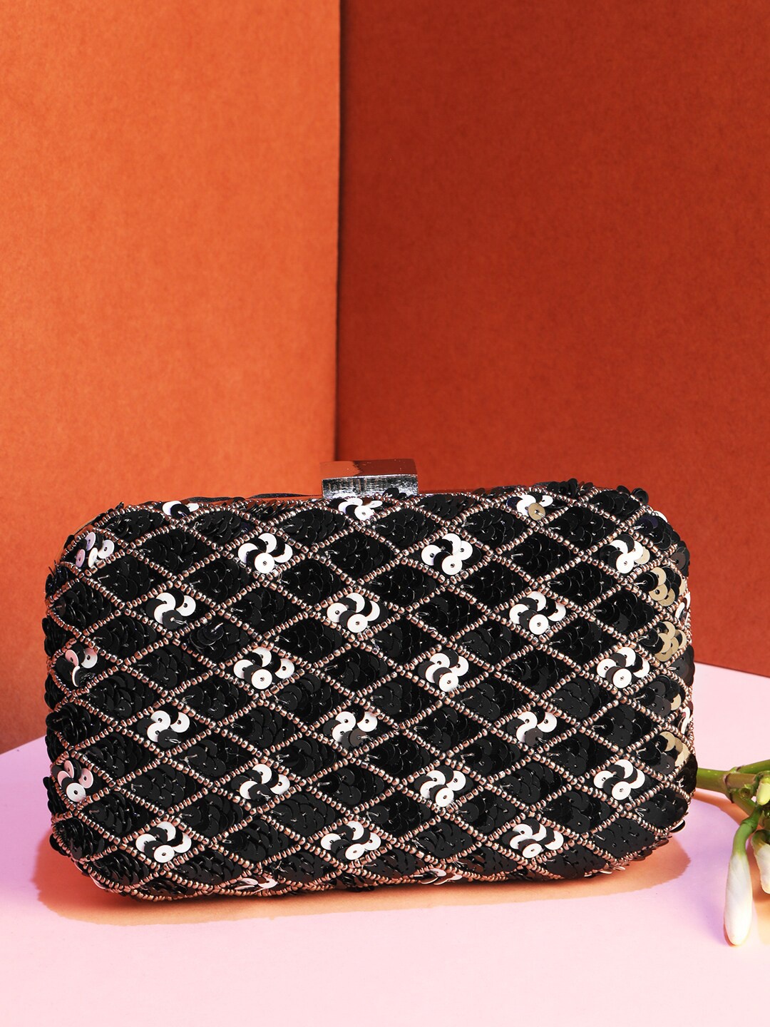 STREET 9 Black & Silver-Toned Embellished Box Clutch