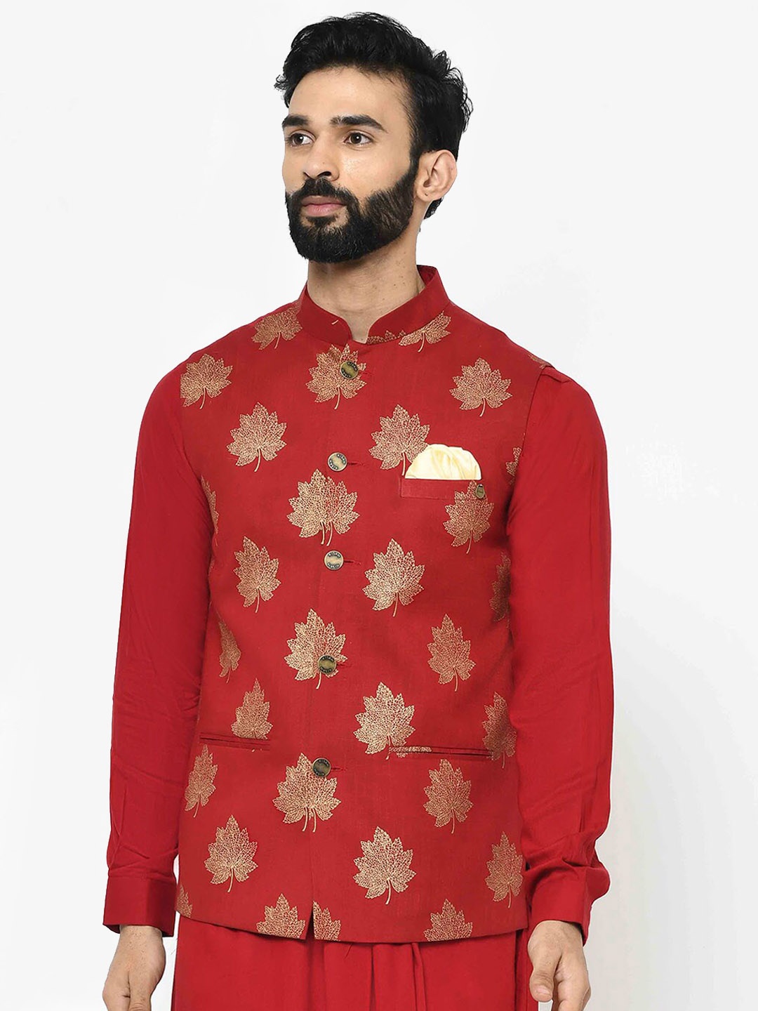 

KISAH Men Red & Beige Printed Nehru Jacket