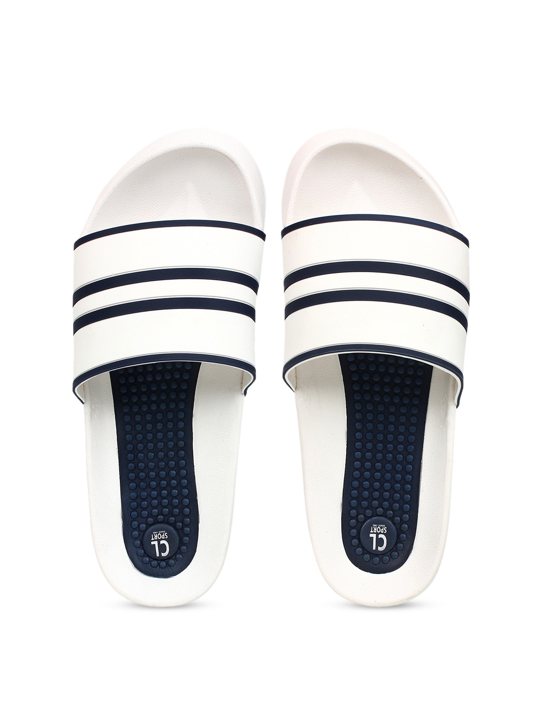 

Carlton London sports Men White & Navy Blue Colourblocked Sliders