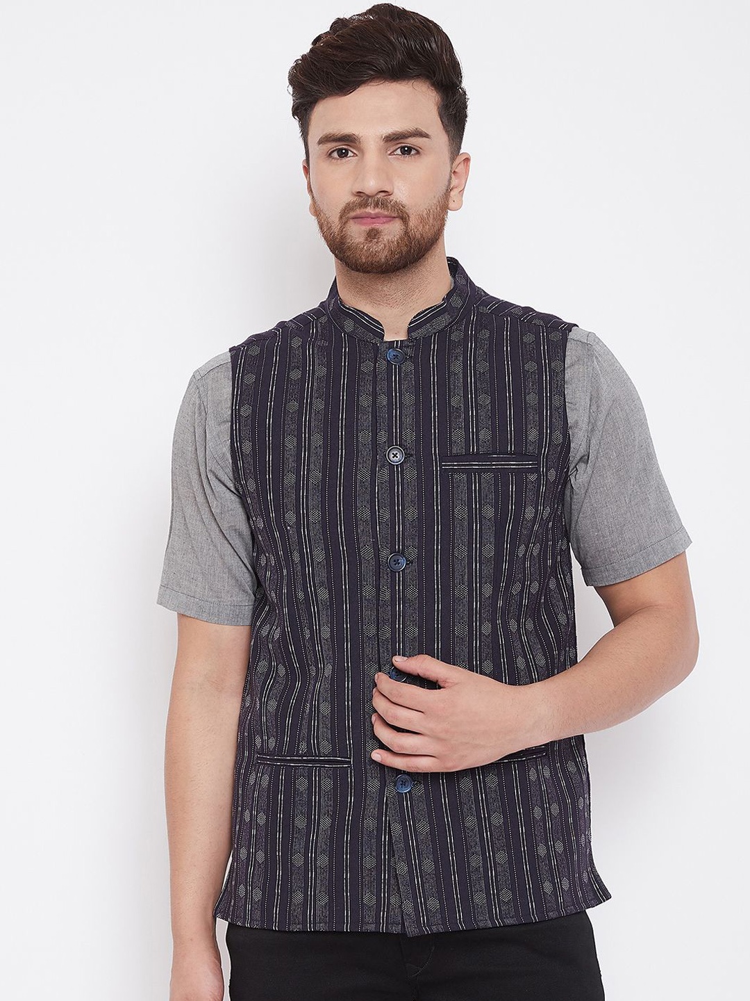even Men Blue & White Woven Design Nehru Jacket