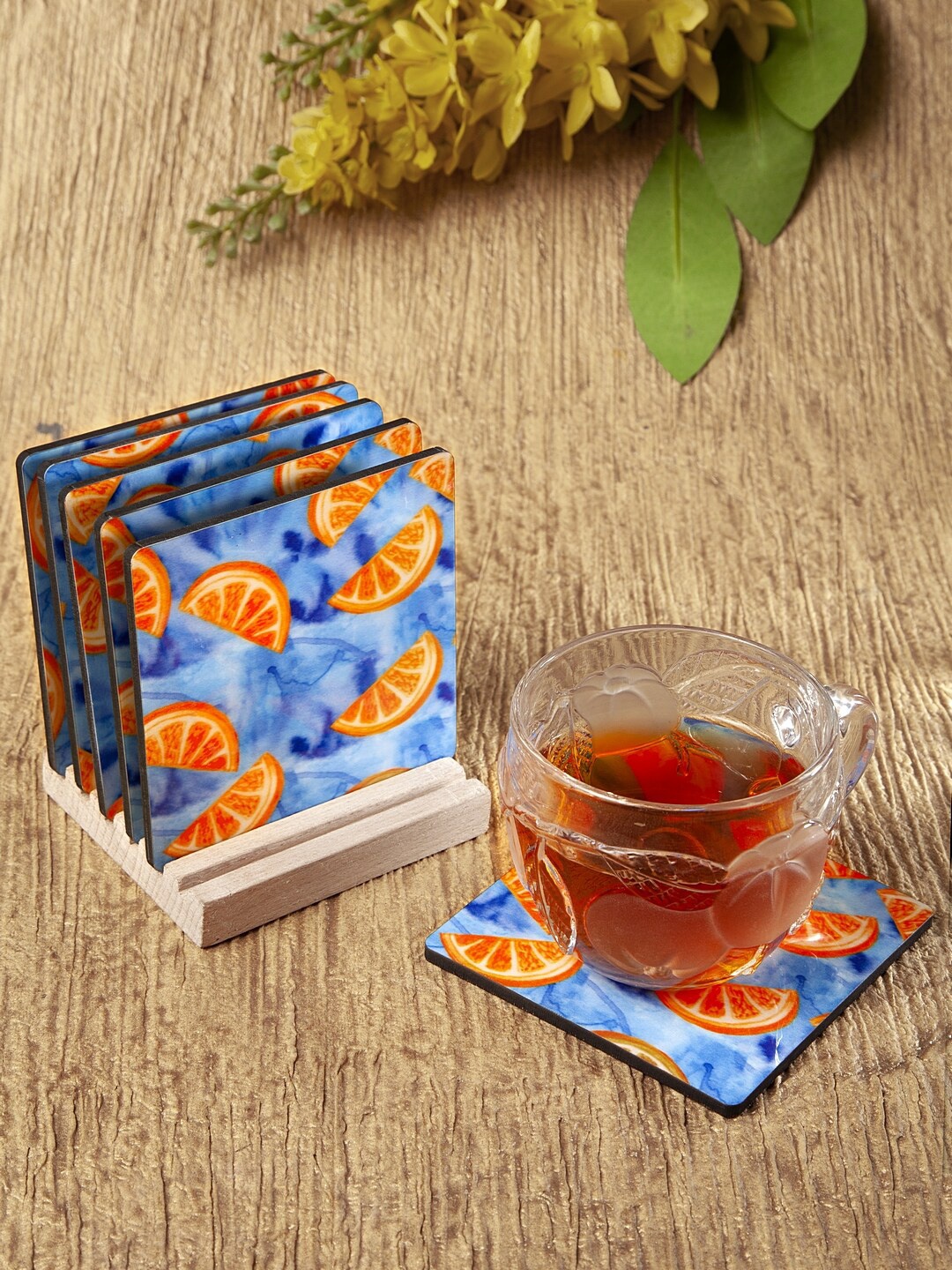 

Alina decor Set Of 6 Blue & Orange Digital Print Coasters With Stand
