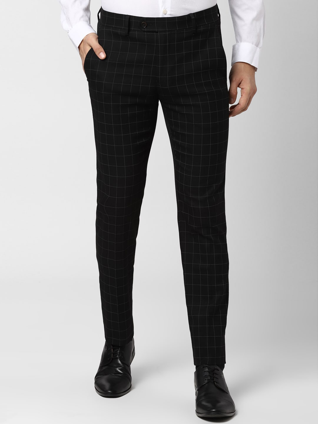 

Peter England Men Black Slim Fit Checked Formal Trousers