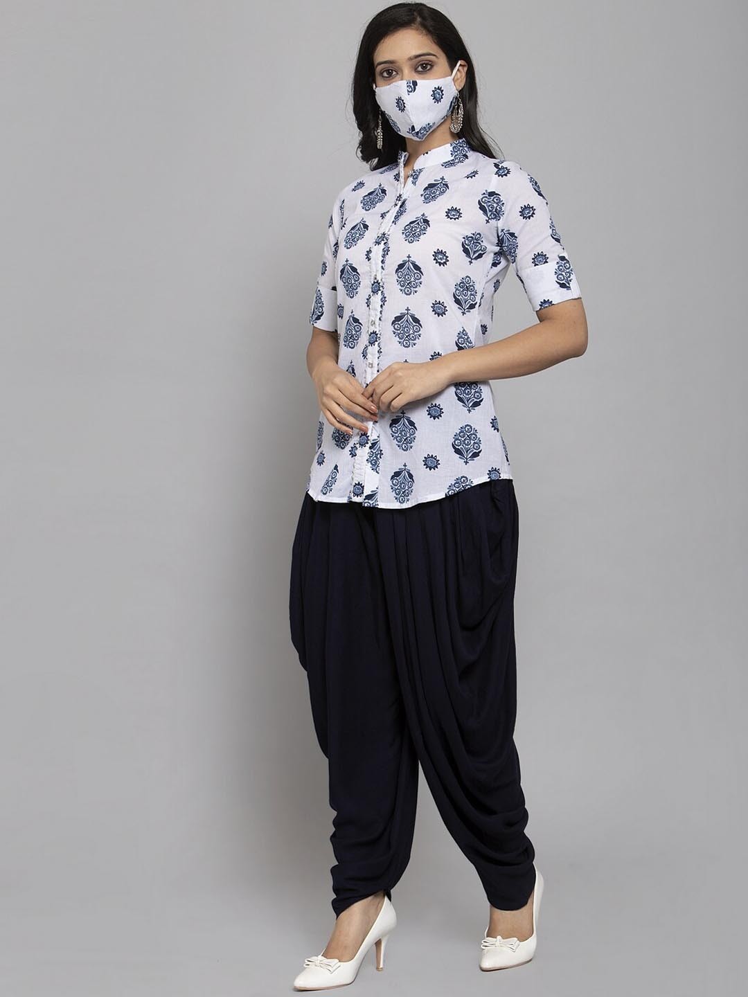 

Get Glamr Women White & Navy Blue Printed Kurta with Patiala