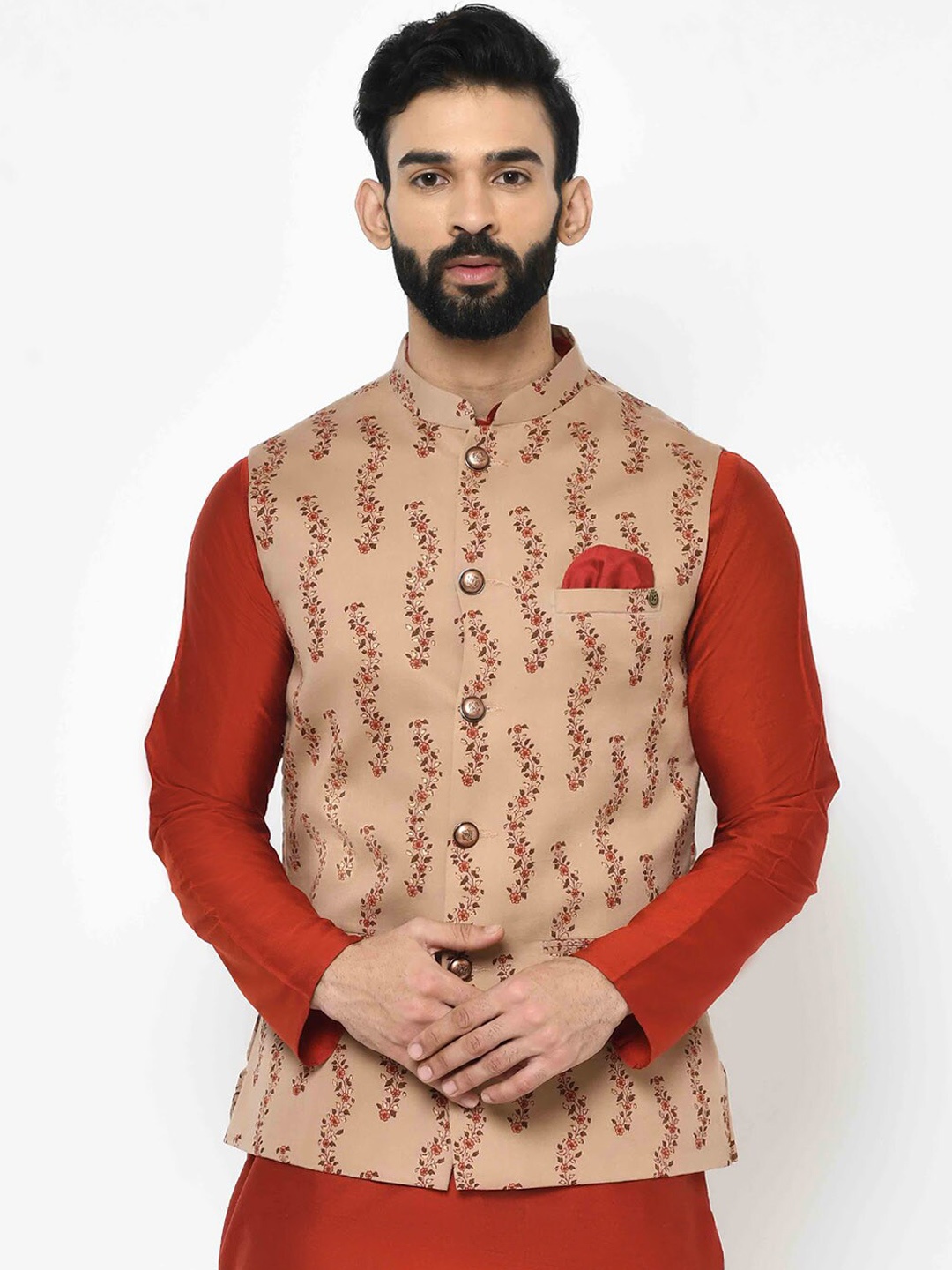 

KISAH Men Brown & Orange Printed Nehru Jacket