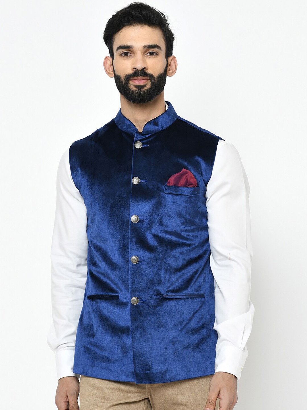 KISAH Men Blue Solid Nehru Jacket