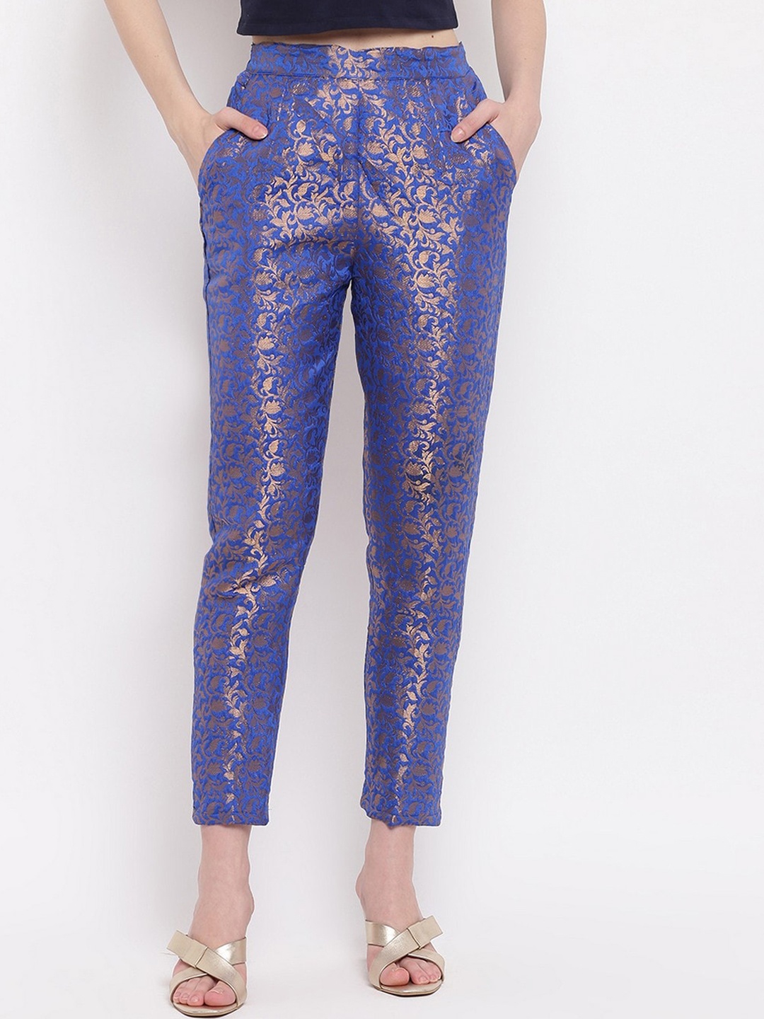 

RIVI Women Blue & Gold-Toned Regular Fit Printed Cigarette Trousers
