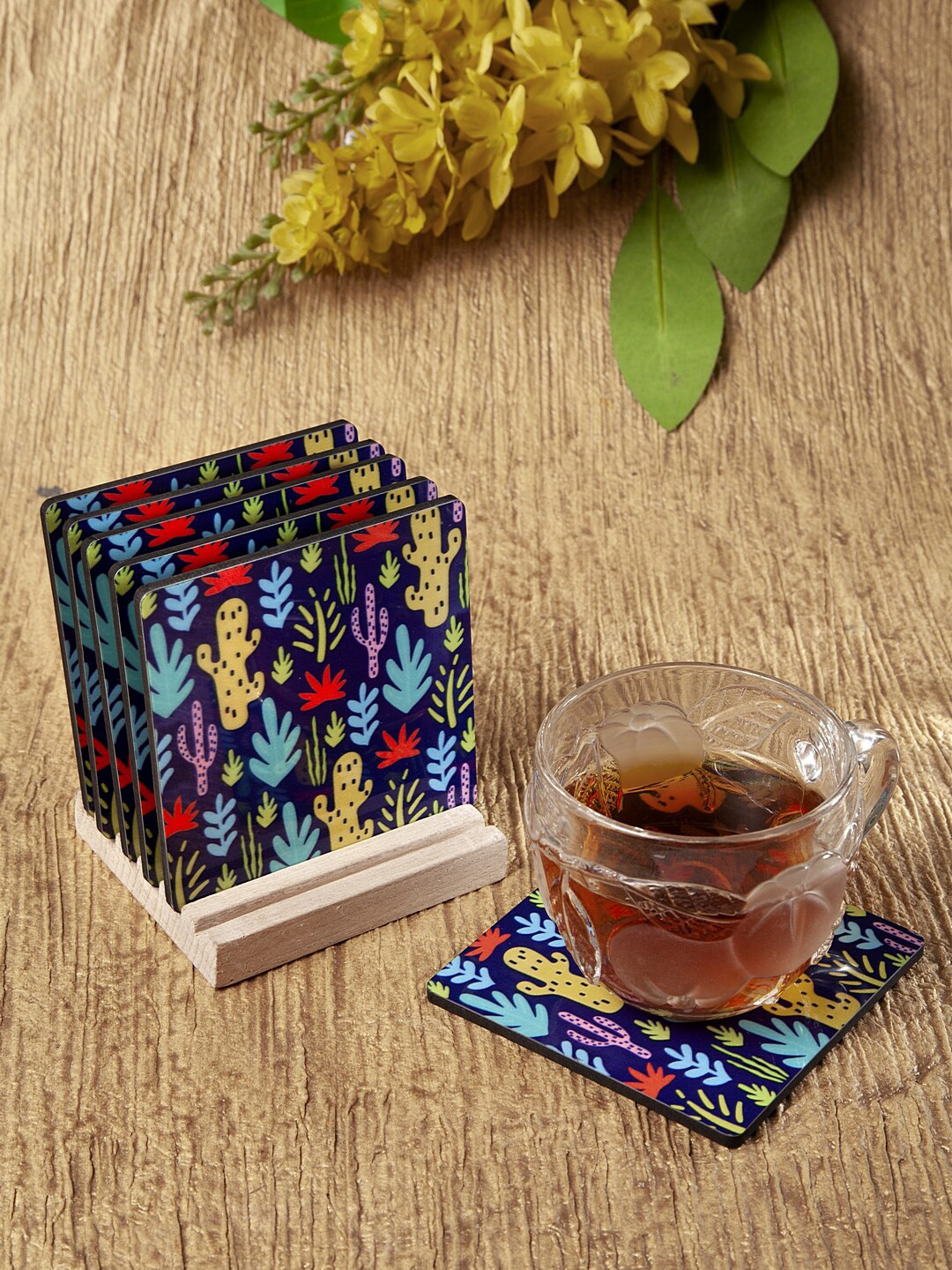 

Alina decor Set Of 6 Blue Digital Printed Square Wooden Coasters With Stand