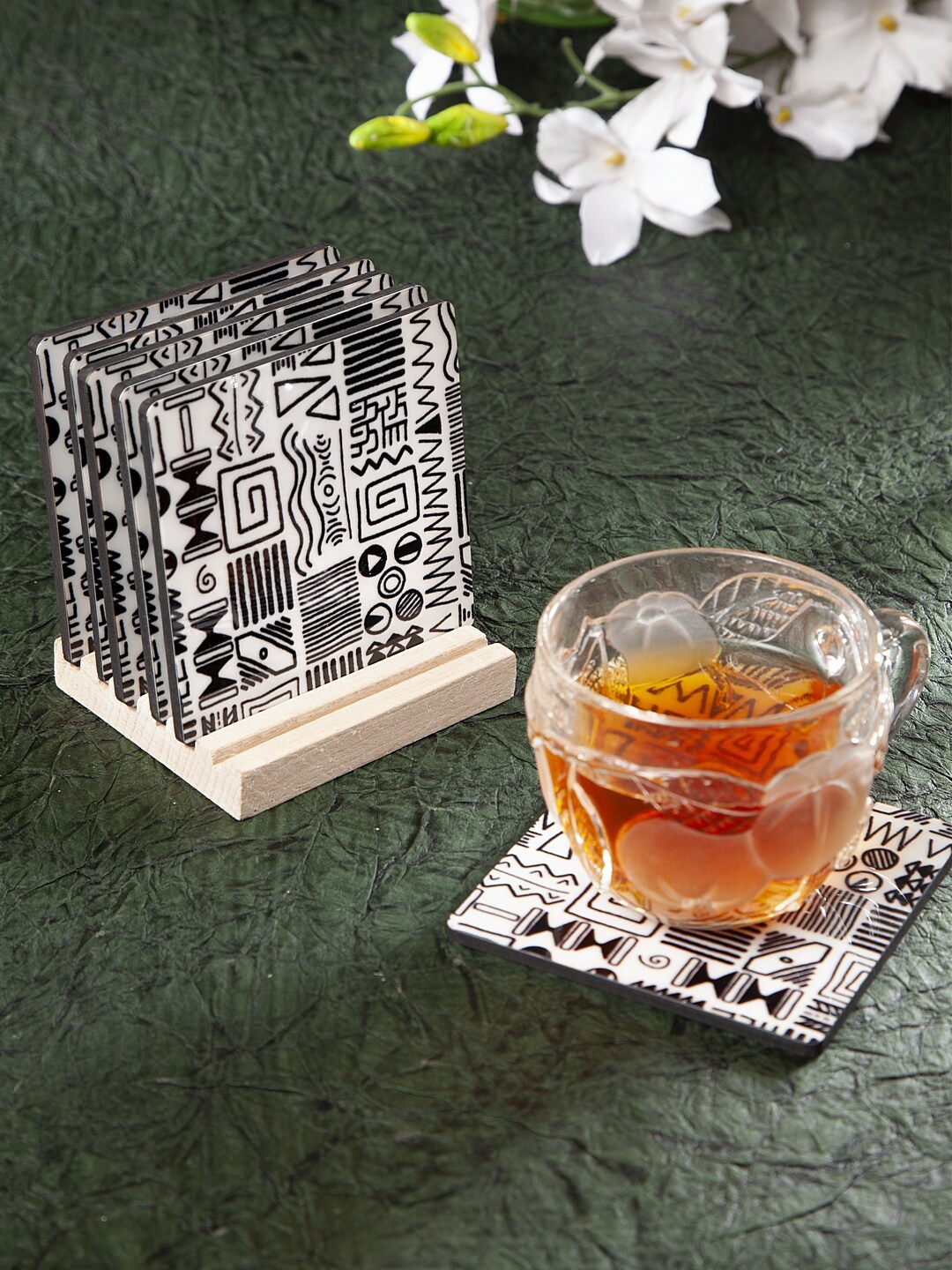 

Alina decor Set of 6 Black & White Digital Printed Coasters With Wooden Stand