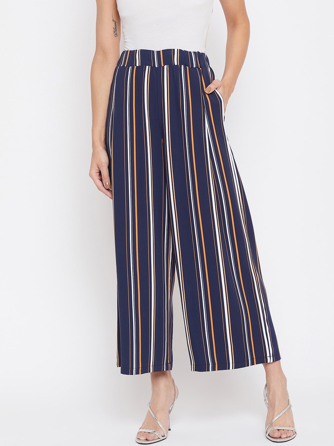 

Crimsoune Club Women Navy Blue & White Relaxed Regular Fit Striped Parallel Trousers