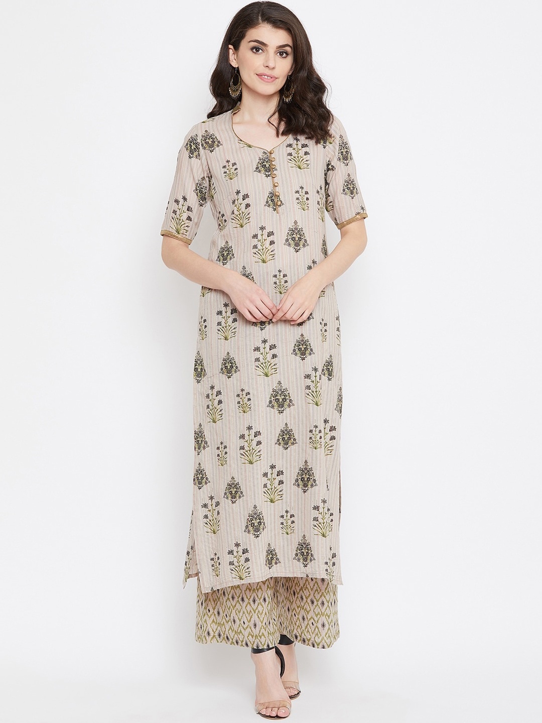 

Tulsattva Women Grey & Olive Green Printed Kurta with Palazzos