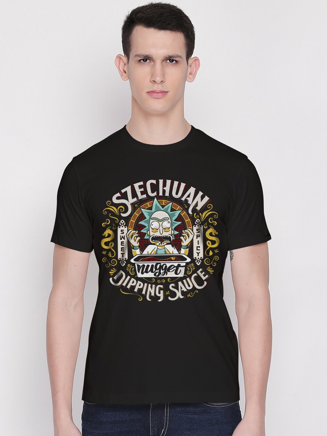 

THREADCURRY Men Black Printed Round Neck T-shirt