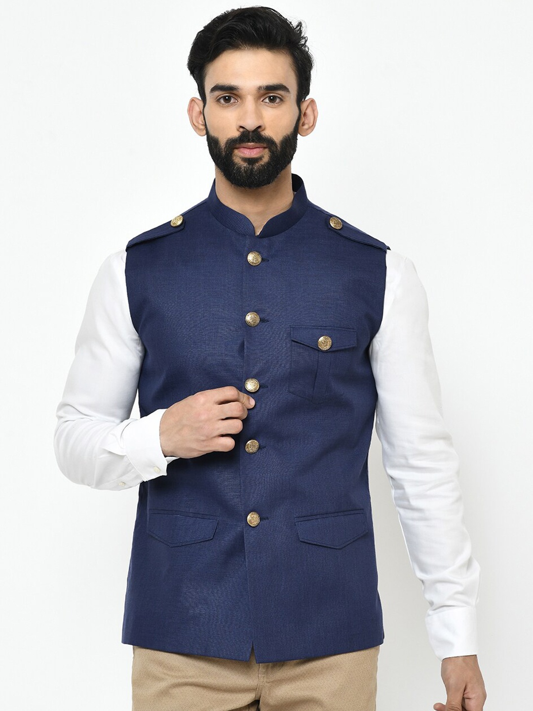 KISAH Men Navy Blue Solid Nehru Jacket