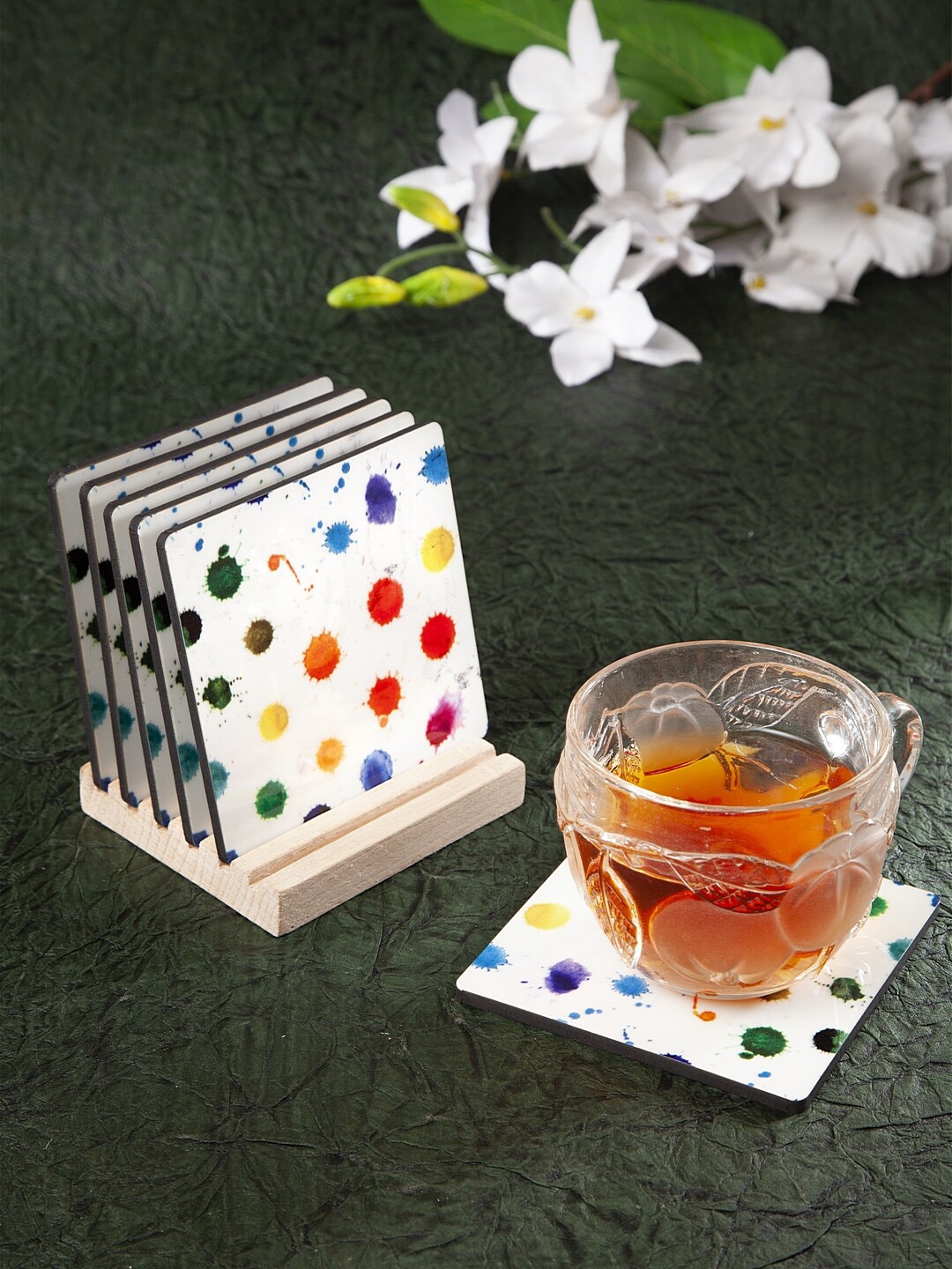 

Alina decor Set Of 6 White & Red Digital Print Coasters With Stand