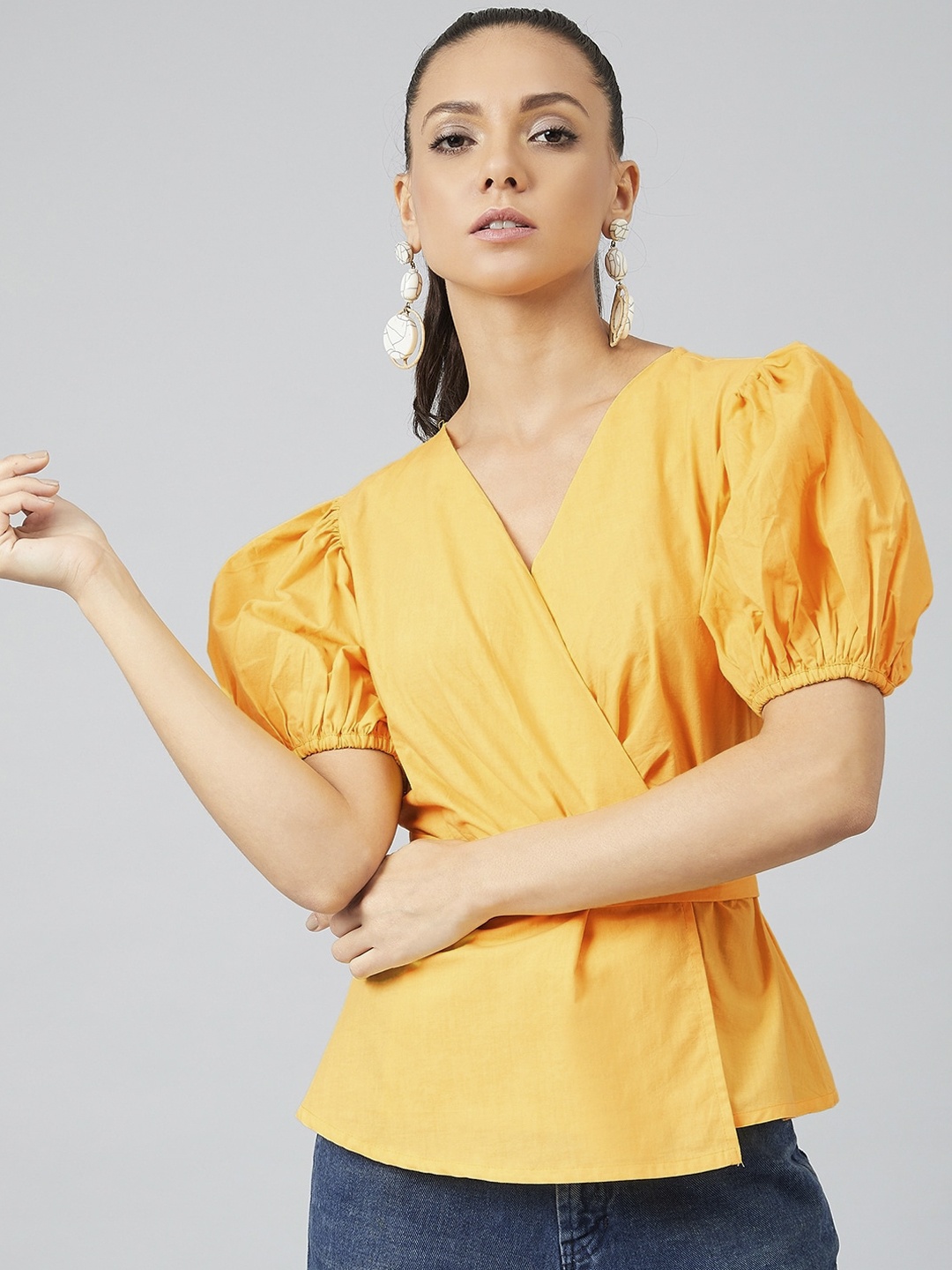 Athena Women Yellow Solid Wrap Top