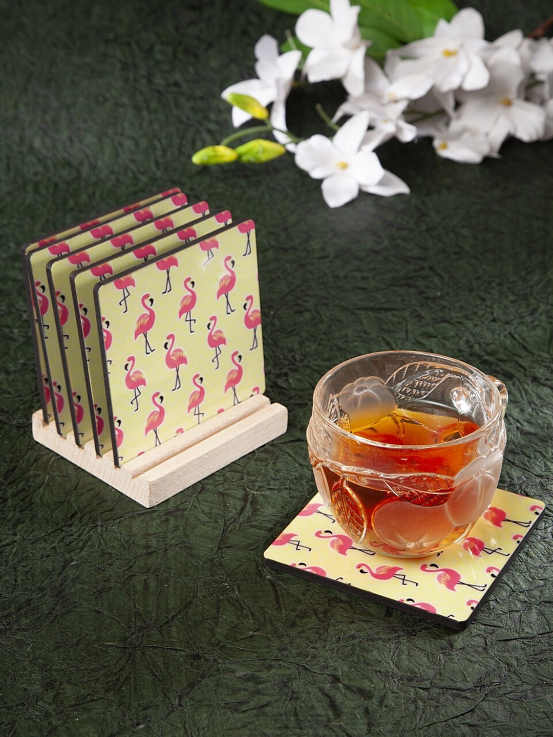 

Alina Decor Yellow& Pink Set of 6 Printed Coasters With Wooden Stand
