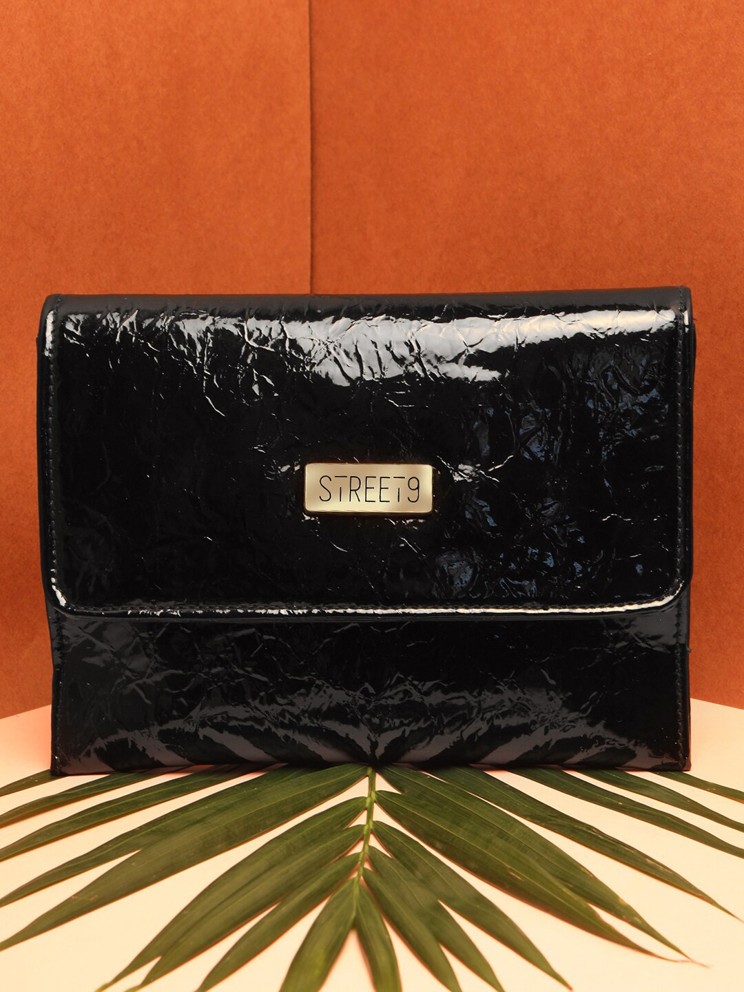 

STREET 9 Black Textured Foldover Clutch