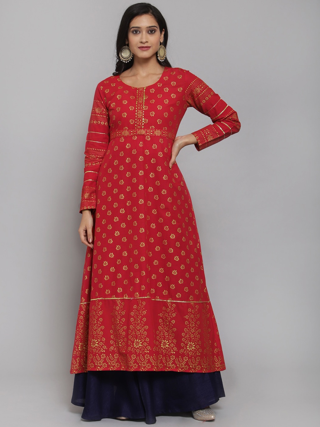 

Get Glamr Women Red Gold-Toned Block Printed Anarkali Kurta
