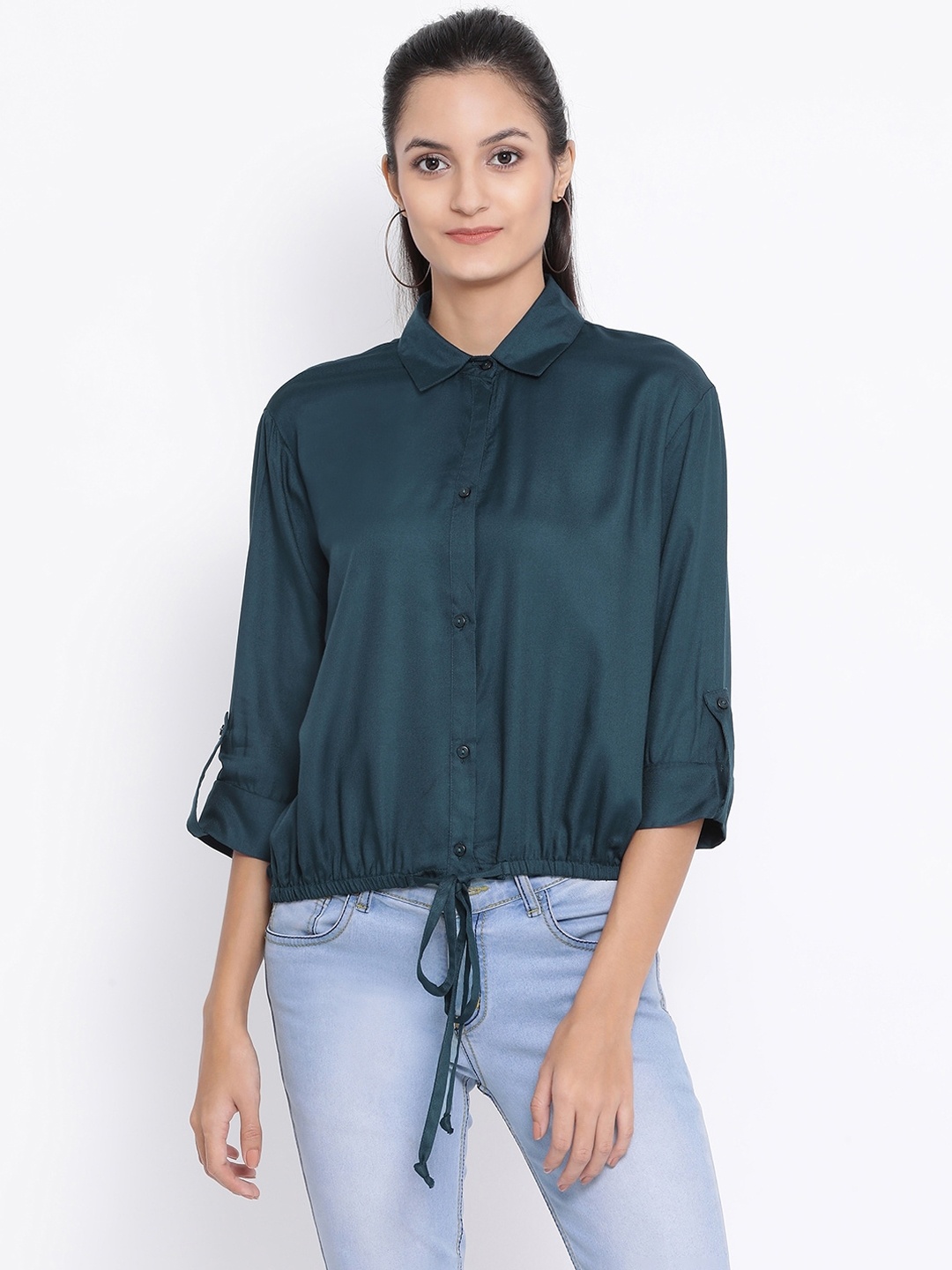 

Oxolloxo Women Teal Regular Fit Solid Casual Shirt