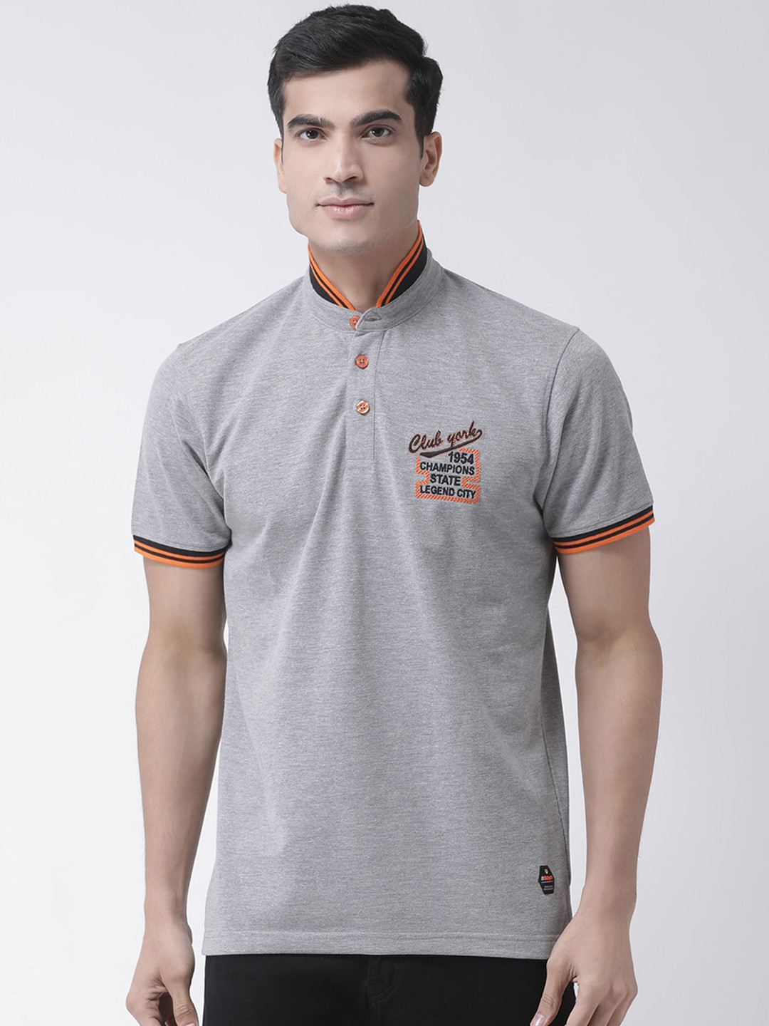 

Club York Men Grey Melange Solid Mandarin Collar T-shirt