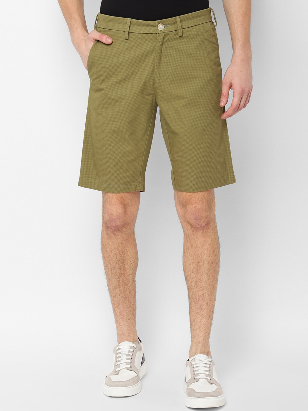 

Allen Solly Men Olive Green Self Design Slim Fit Regular Shorts
